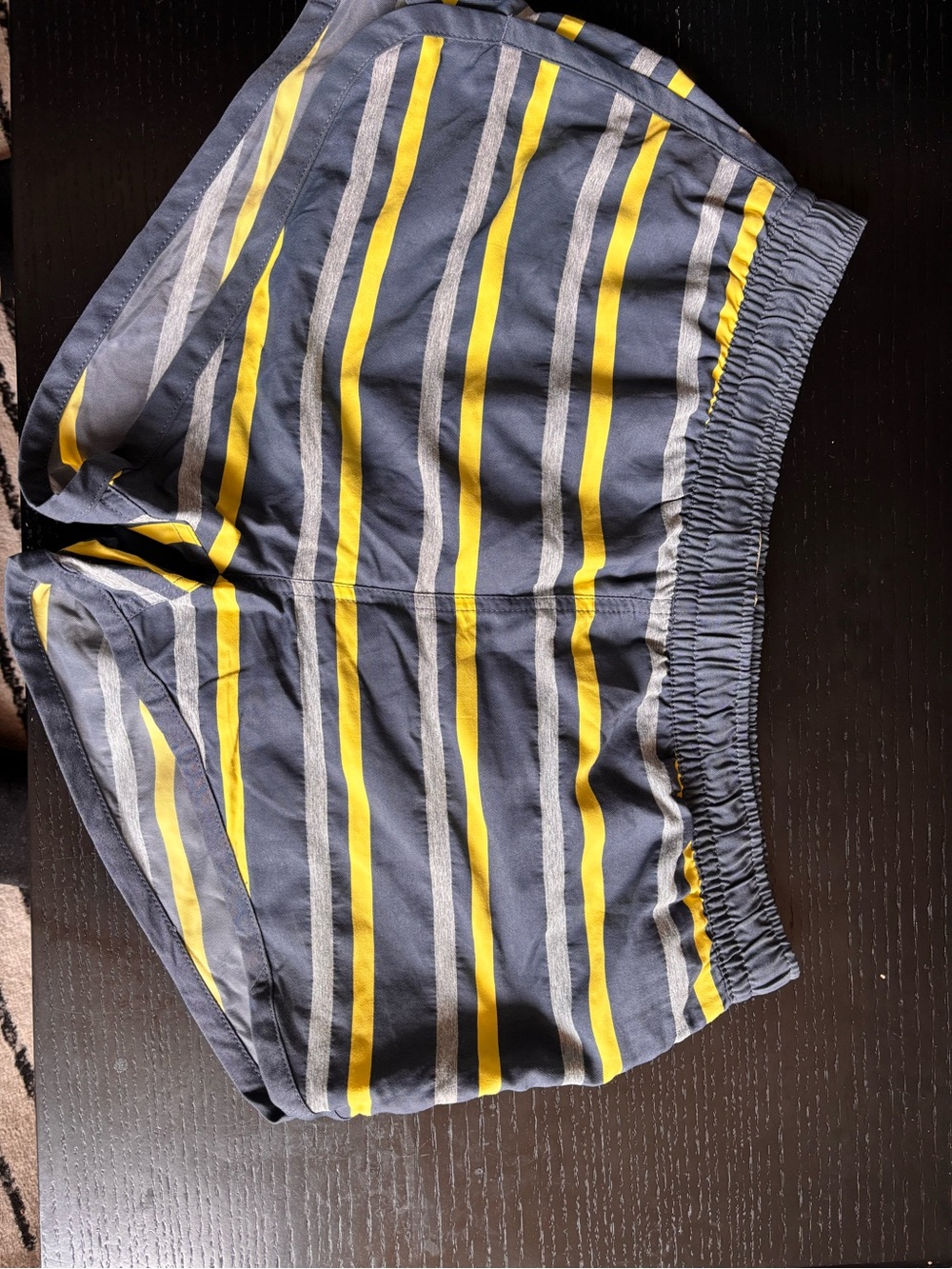 Katama - “The Braden” Men's Navy, grey, and yellow striped swim trunks